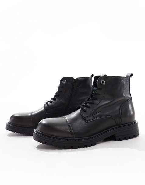 Jack & Jones chunky leather lace up boot in black - view 1