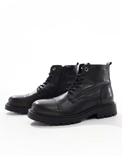 Jack Jones chunky leather lace up boot in black