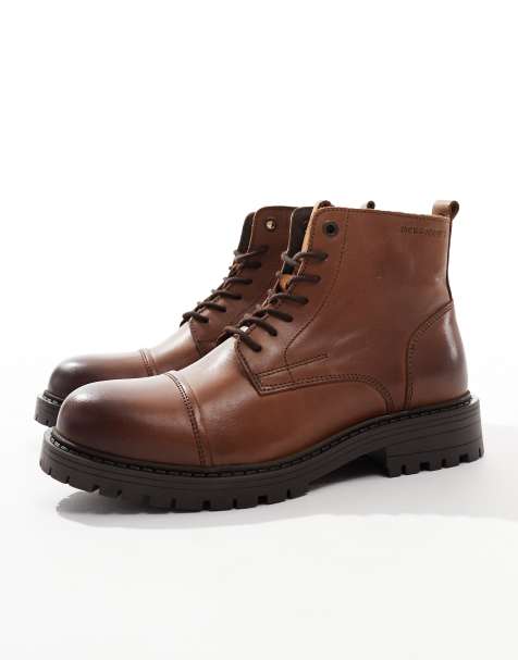 Jack & Jones - Chunky leren laarzen met vetersluiting in bruin - view 1
