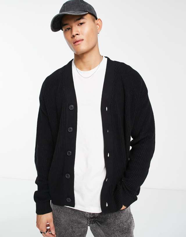 Jack & Jones chunky oversized rib cardigan in black