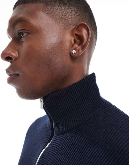 Jack & Jones chunky rib knit half zip sweater in navy | ASOS