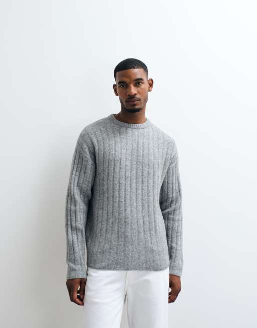 Jack & Jones chunky ribstrikket striktrøje i lysegrå, 4 af 5