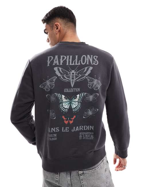 Jack & Jones – Ciemnoszara bluza dresowa oversize z okrągłym dekoltem i nadrukiem z motywem motyli na plecach 