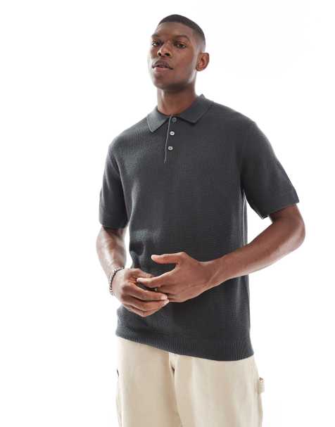 Jack & Jones short sleeve knitted polo in dark grey