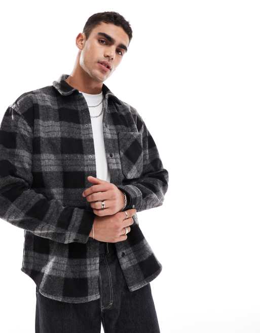 Jack & Jones – Ciemnoszara gruba koszula wierzchnia ze szczotkowanego materiału w kratę 