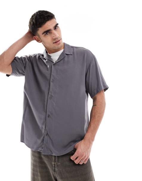 Jack & Jones revere collar short sleeve shirt in dark grey