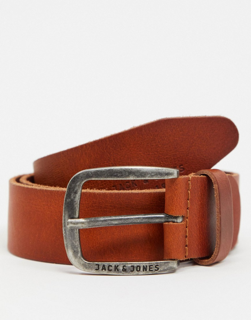 Jack & Jones - Cintura in pelle liscia marrone con fibbia e logo