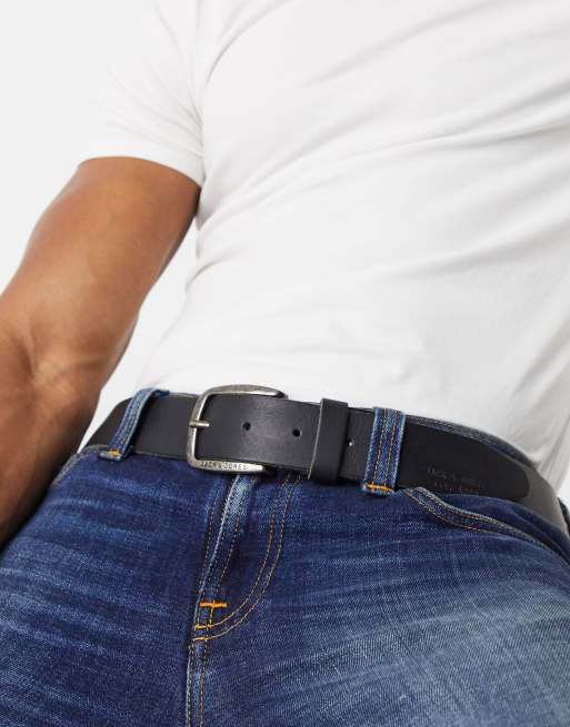 Jack & Jones - Cintura in pelle liscia nera con fibbia e logo, 3 di 4