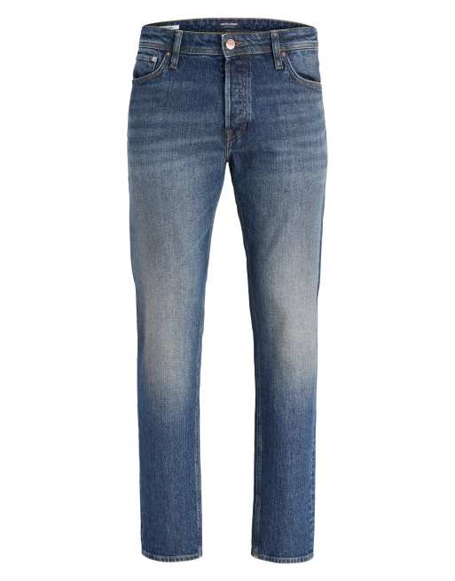Jack & Jones Clark stonewashed mid waist tapered fit jeans in blue denim, 7 of 7
