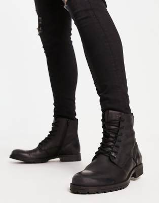 Jack & Jones leather lace up boots with cuff in brown