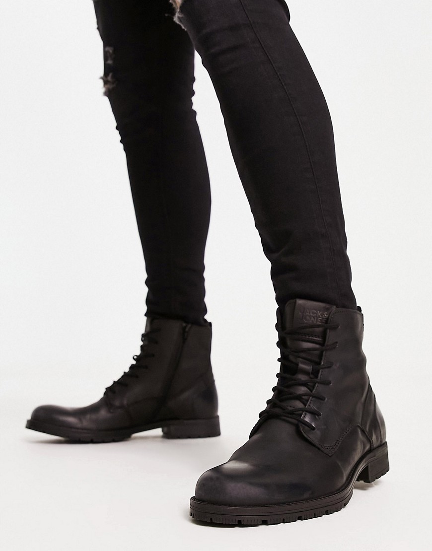 Jack & Jones Clean Leather Lace-up Boots In Black
