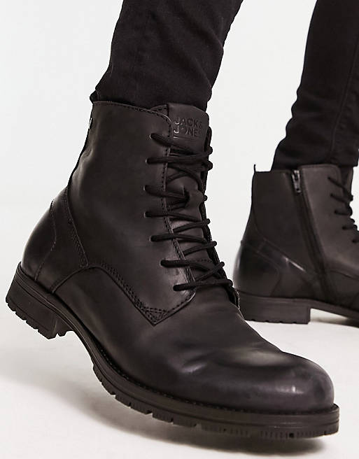 actrice oog Automatisering Jack & Jones clean leather lace-up boots in black | ASOS