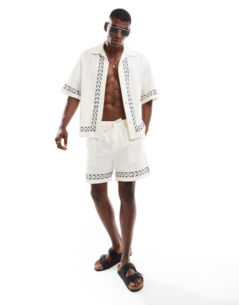 Jack & Jones co ord linen print shorts in cream - view 1