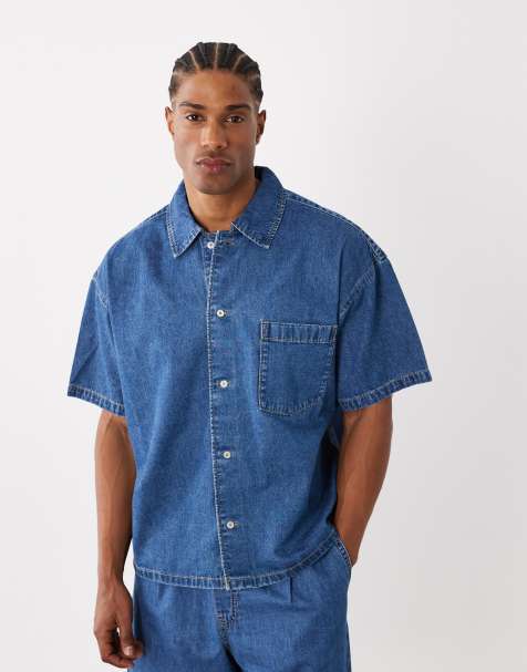 Jack & Jones co-ord short sleeve denim shirt in mid blue - view 1