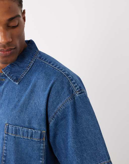 Jack & Jones co-ord short sleeve denim shirt in mid blue, 5 of 5