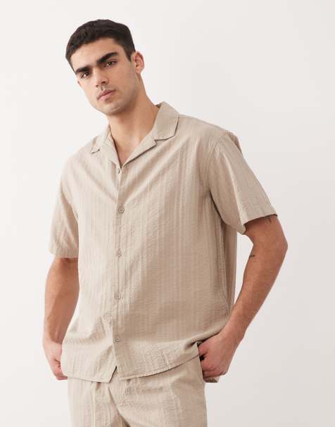 Jack & Jones co-ord textured shirt with short sleeves in beige - view 1