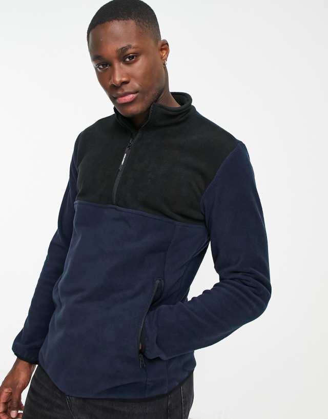 Jack & Jones color block 1/2 zip fleece in black & blue