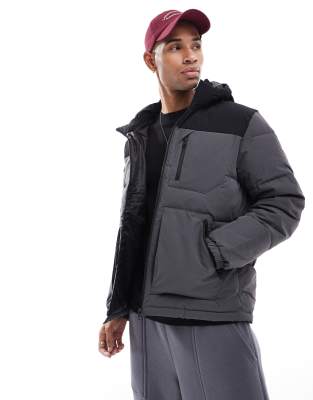 color block puffer jacket in dark gray & black