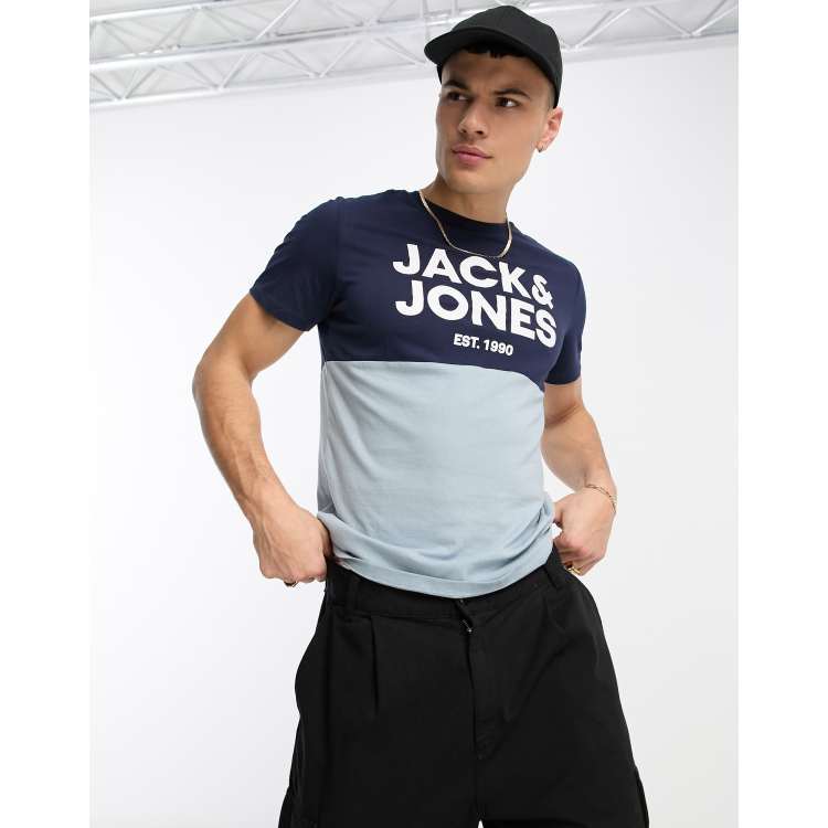 Jack Jones color block T shirt in navy pale blue