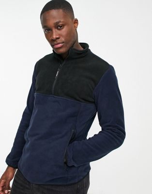 Jack & Jones colour block 1/2 zip fleece in black & blue