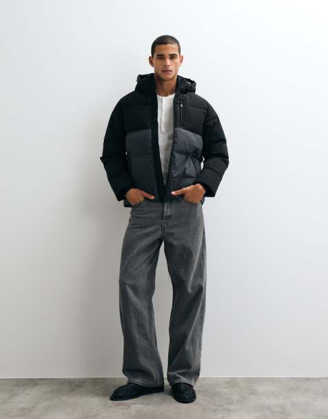 Jack & Jones colour block puffer jacket in black and grey - view 1