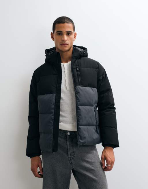 Jack & Jones colour block puffer jacket in black and grey, 2 of 5
