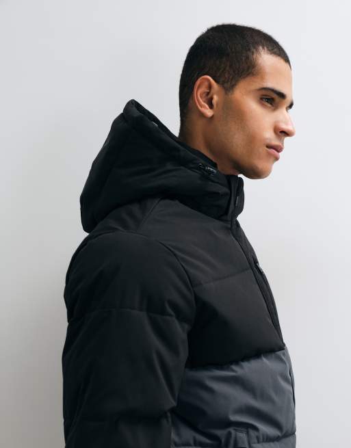 Jack & Jones colour block puffer jacket in black and grey, 5 of 5