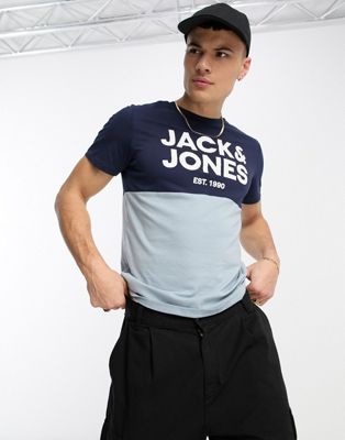 Jack & Jones colour block t-shirt in navy & pale blue