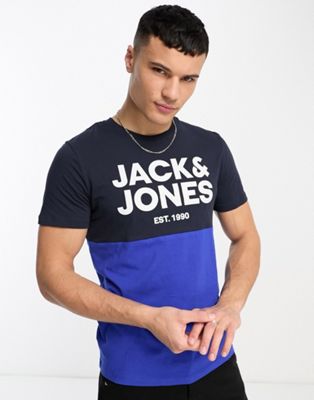 Jack & Jones colour block t-shirt in navy & royal blue