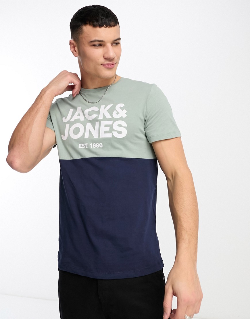 Jack & Jones colour block t-shirt in pale green & navy