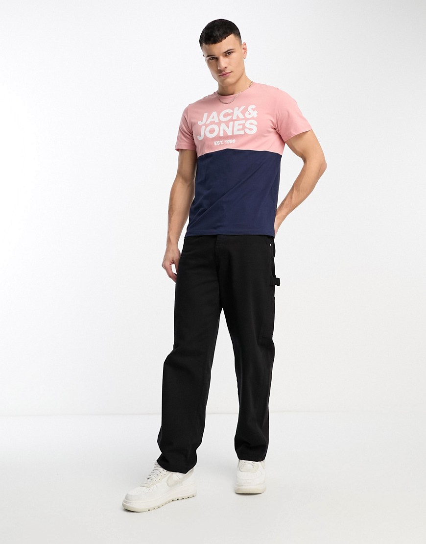 Jack & Jones colour block t-shirt in pink & navy