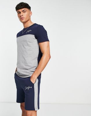 Jack & Jones colour block t-shirt & short set in grey navy