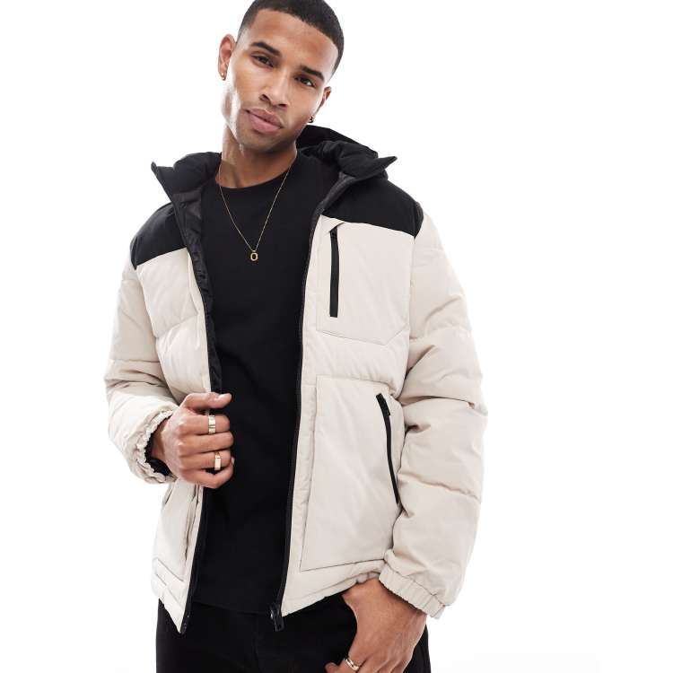 Jack Jones colourblock puffer jacket in beige black