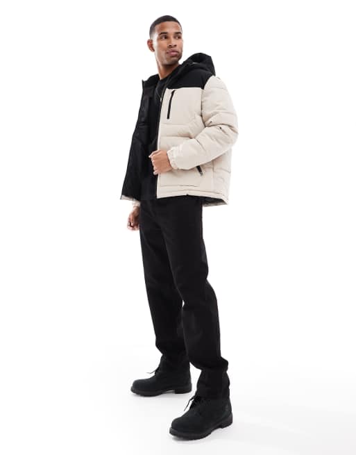 Jack & Jones colourblock puffer jacket in beige & black | ASOS