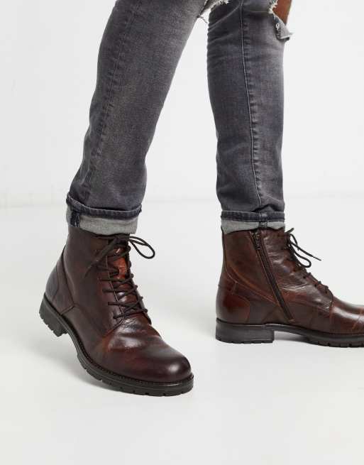 Jack & jones leather boot with side on sale zip