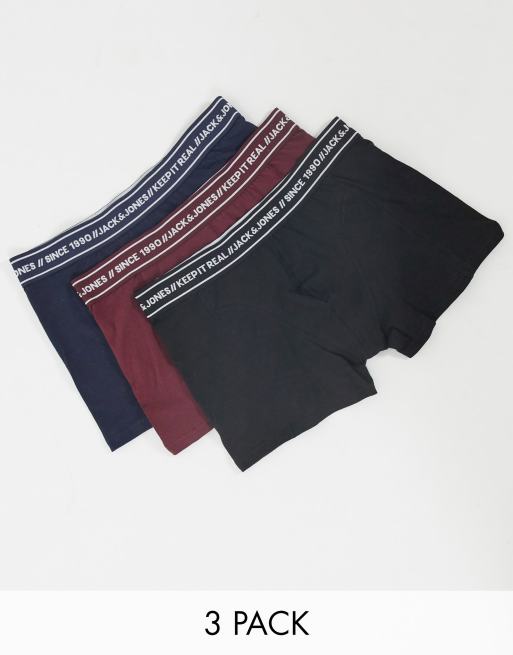 Jack & Jones - Confezione da 3 boxer aderenti multicolore con elastico in vita con scritta 
