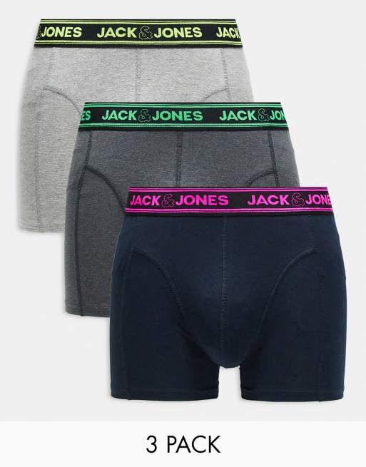Jack & Jones - Confezione da 3 boxer aderenti neri e grigi con fascia in vita fluo 