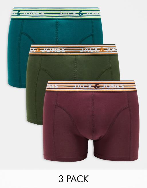 Jack & Jones - Confezione da 3 boxer aderenti verdi e bordeaux con elastico a righe fluo