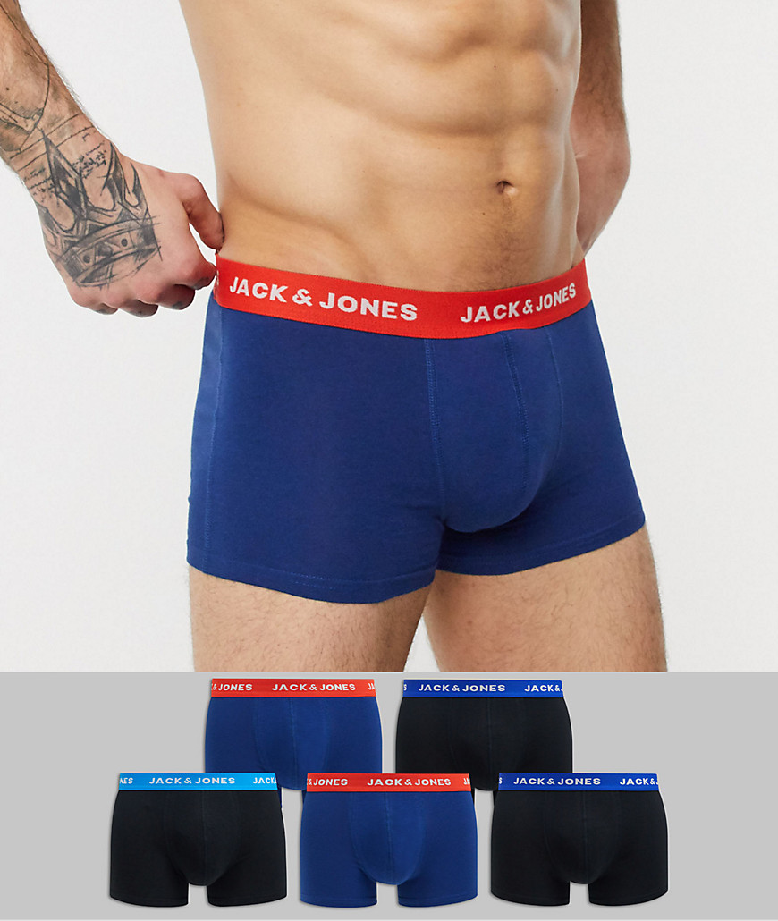 Jack & Jones - Confezione da 5 boxer aderenti con elastico in vita a contrasto nero e blu-Multicolore
