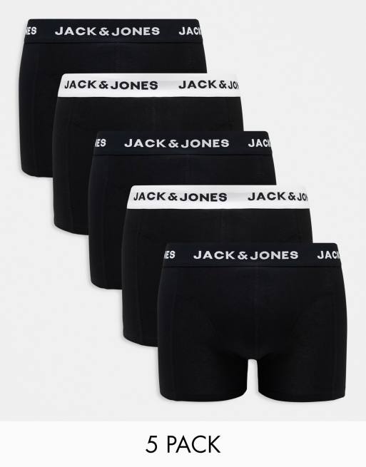 Jack & Jones - Confezione da 5 paia di boxer aderenti neri con elastico in vita bianco e nero 