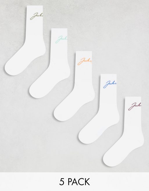 Jack & Jones - Confezione da 5 paia di calze da tennis bianche con logo 