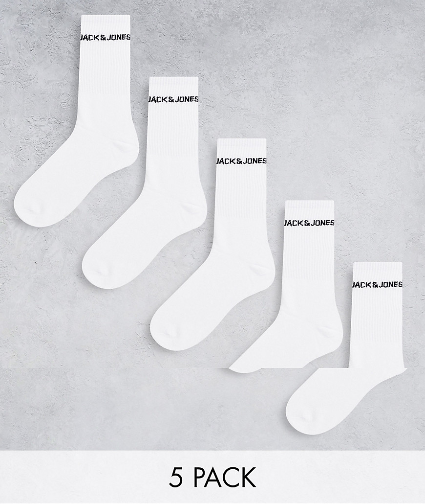 jack & jones - confezione da 5 paia di calzini sportivi bianchi con logo-bianco