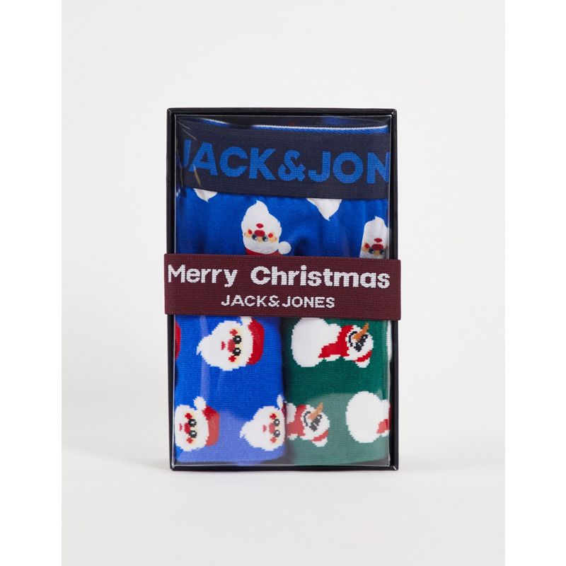 Jack & Jones - Confezione regalo natalizia da 3 con boxer aderenti e calzini blu e verdi con stampa di Babbo Natale