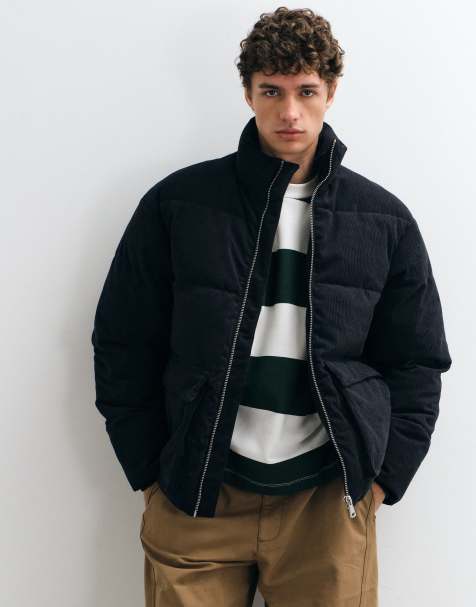 Jack & Jones cord double pocket puffer in dark grey - view 1
