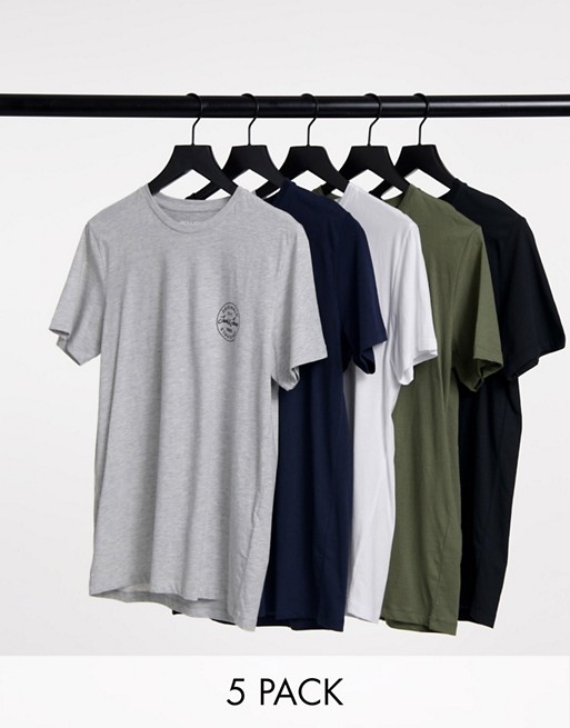 Jack & Jones Core 5 pack t-shirt with stamp logo in multi colour