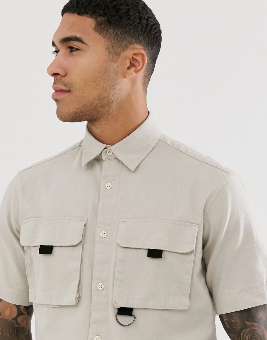 Jack & Jones – Core – Beige kortärmad skjorta med cargoficka-Sandfärgad