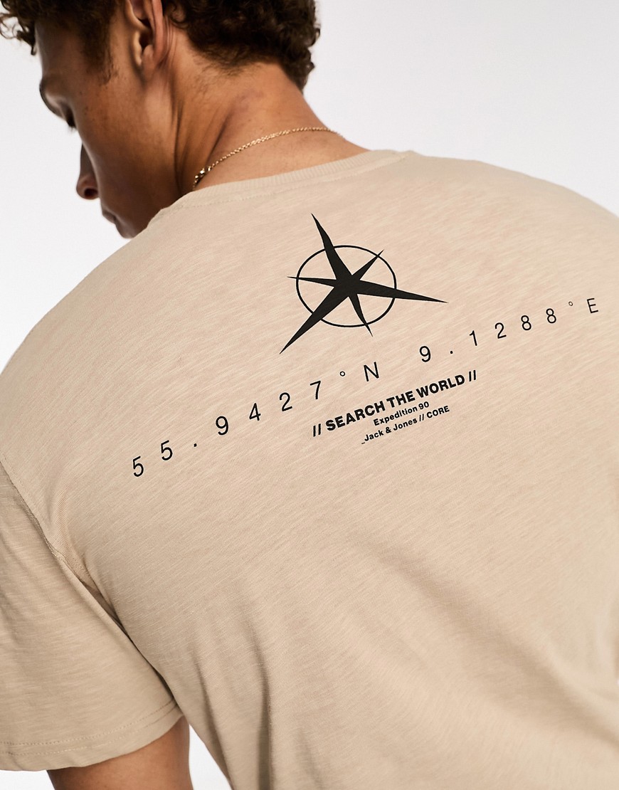 jack & jones - core - beige t-shirt i oversize med navigeringstryck baktill-naturlig
