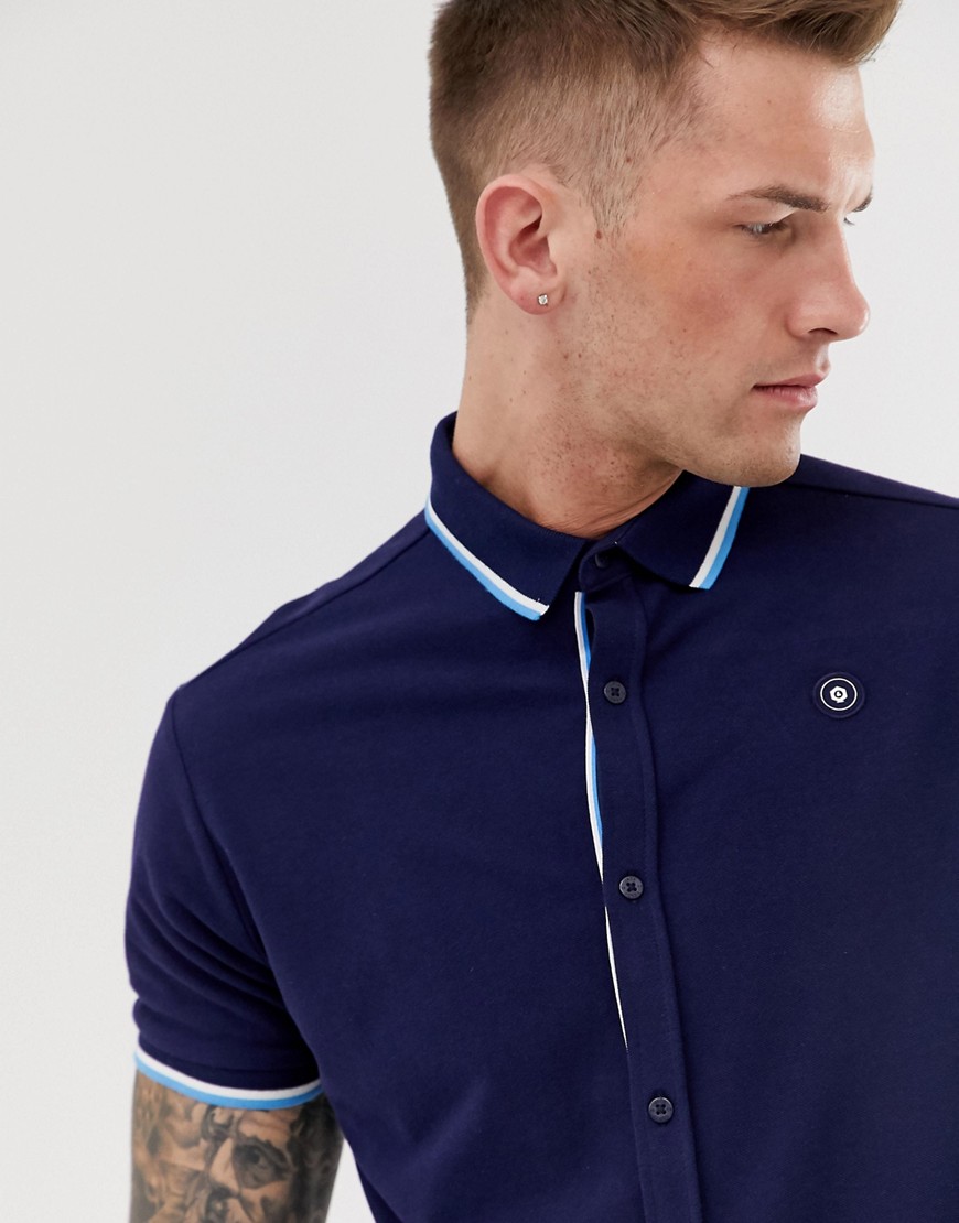 Jack & Jones - Core - Camicia blu navy in piqué a maniche corte con bordini a contrasto sul colletto