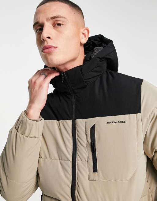 Jack & Jones Core color block hooded puffer jacket in beige
