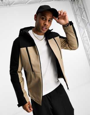 Jack & Jones Core Color Block Technical Parka In Beige & Black-neutral